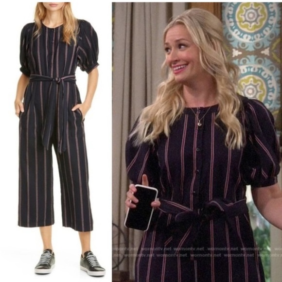 The Great / home room jumpsuit Navy Striped Short Sleeve Cropped Belt 2 medium M - Picture 2 of 6